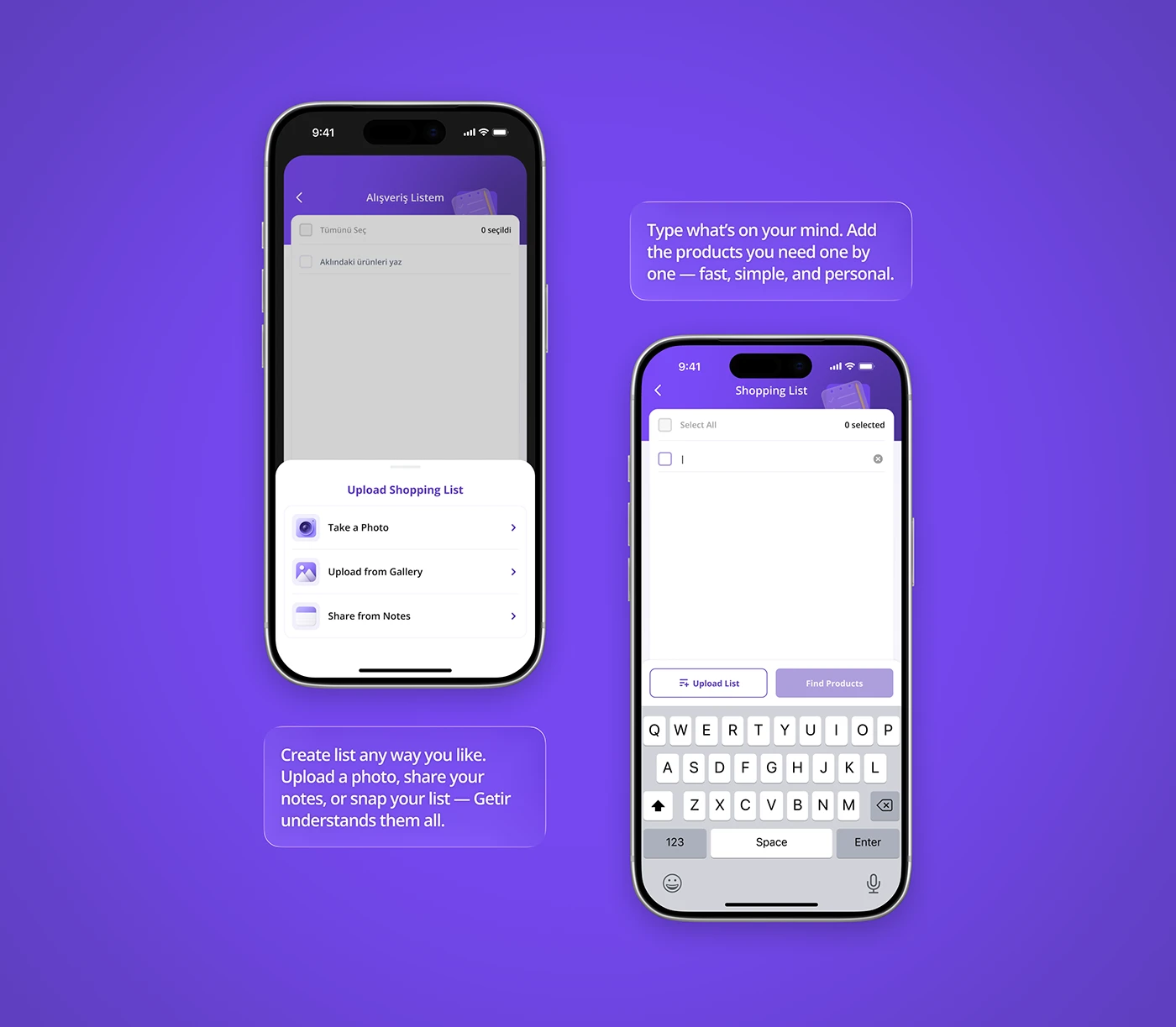 Multiple ways to build a shopping list — manual typing, photo upload, or Notes import