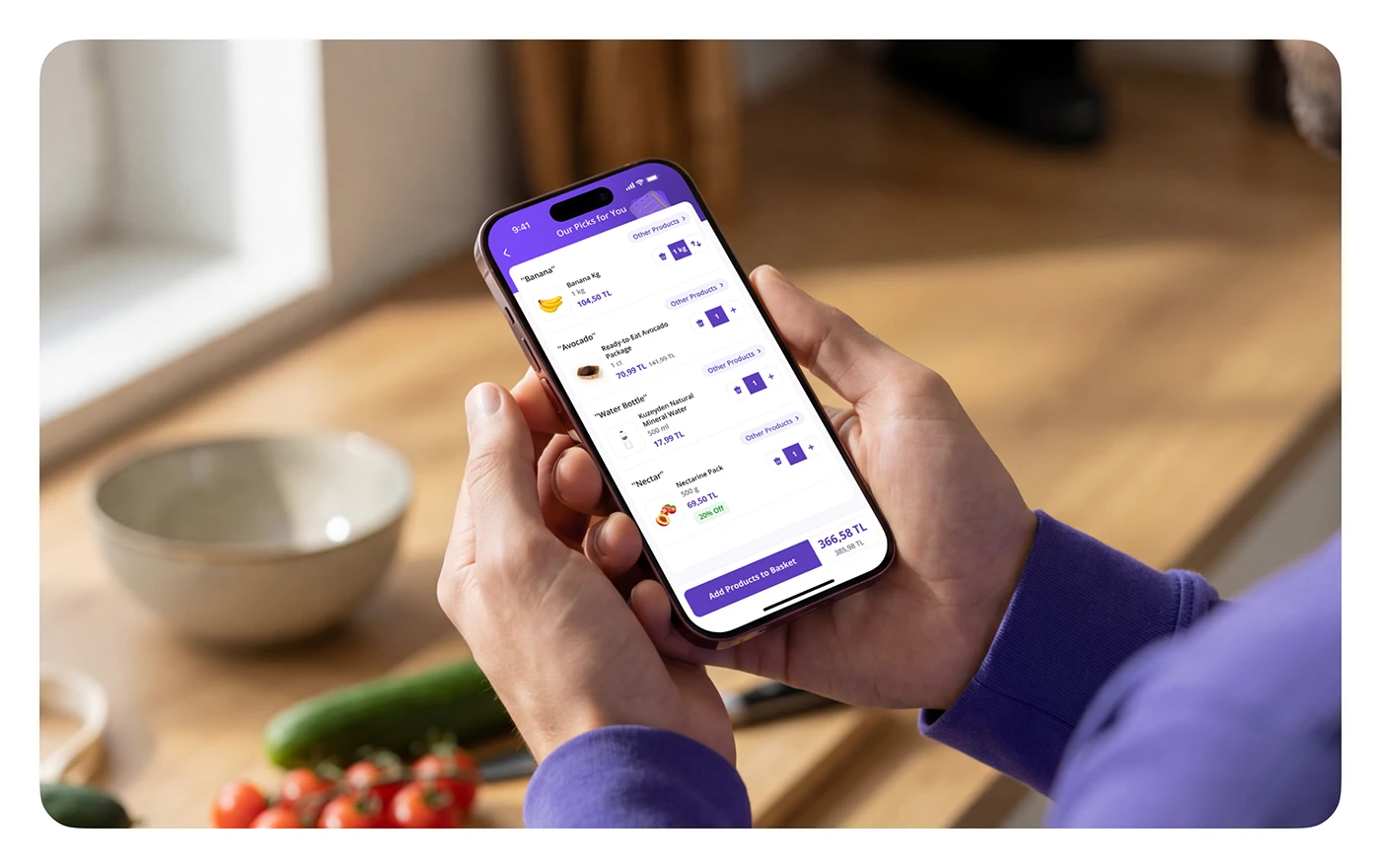User holding phone showing product recommendations from Shopping List